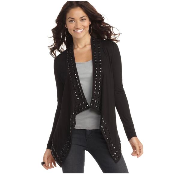 GUESS Women's Open Front Long Sleeve Studded Cardigan Jersey Knit - Picture 1 of 5